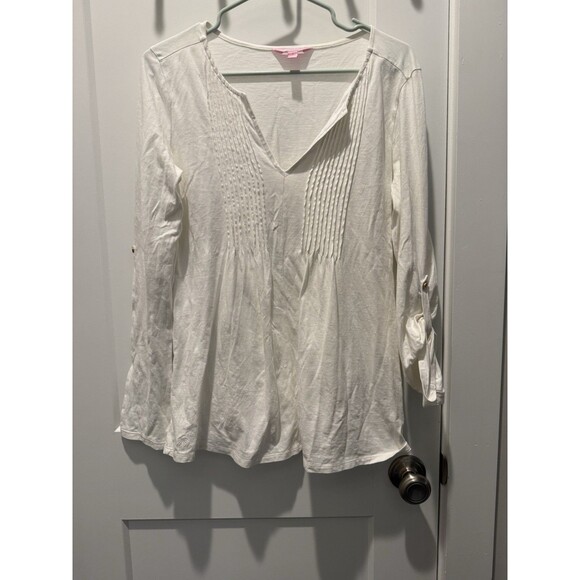 Women’s Lilly Pulitzer Tunic Top Basic Pleated V-Neck Long Sleeve White Small S - Picture 1 of 6